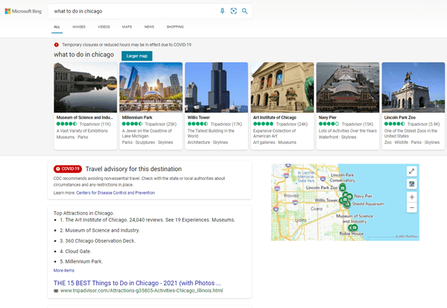 Screenshot da Bing: risultati locali aggregati