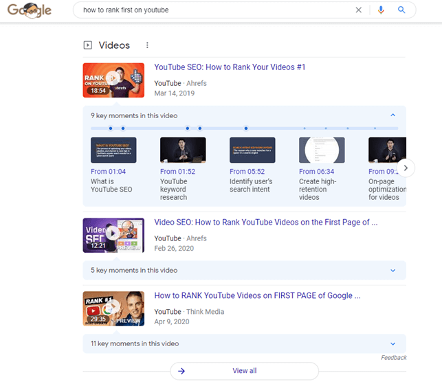 Screenshot da Google US: nuova grafica delle SERP video